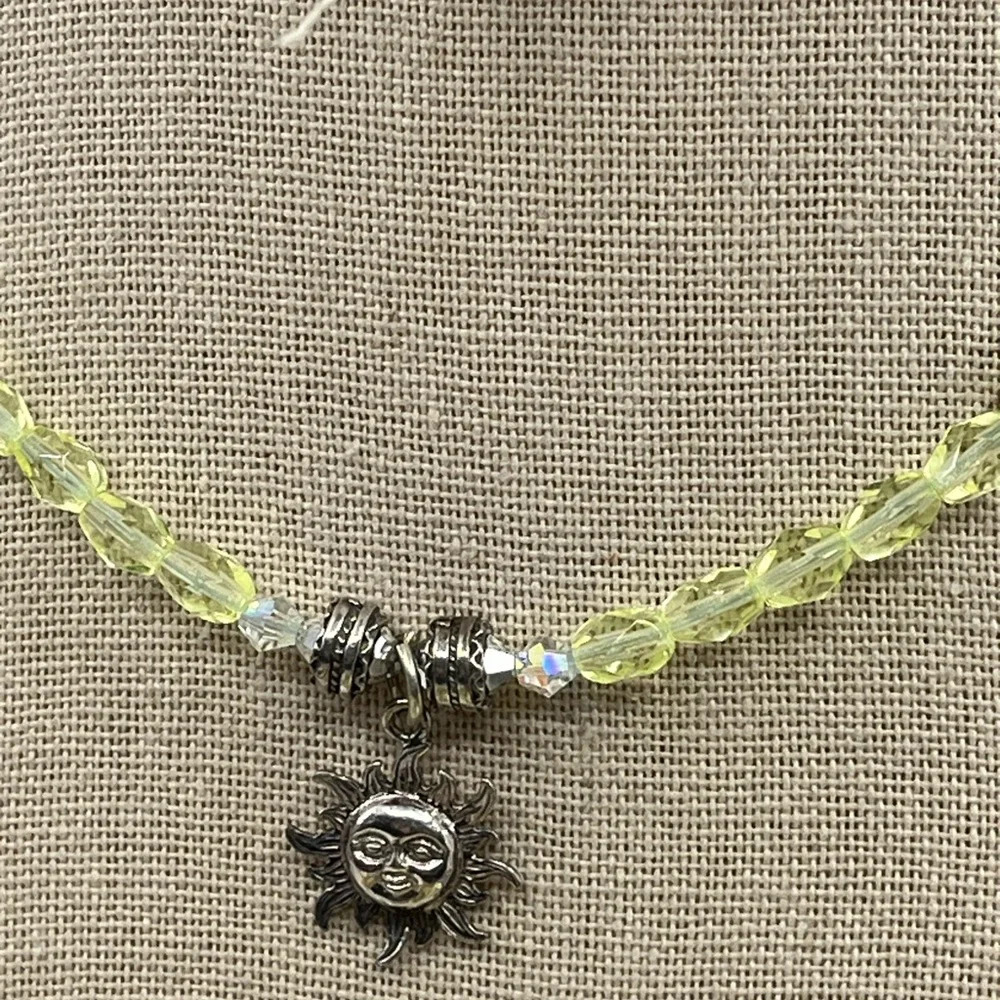 Vintage Handmade Silver Sun Pendant Necklace with Green Faceted Crystals - Picture 6 of 16